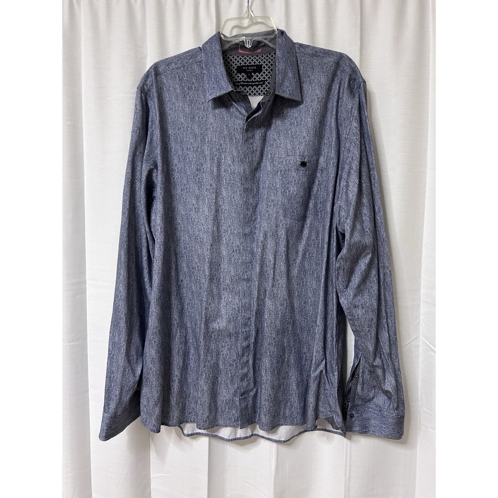 Ted Baker London Mens Size 7 XXL Blue Gray Polka Dot Cuff ButtonDress Shirt